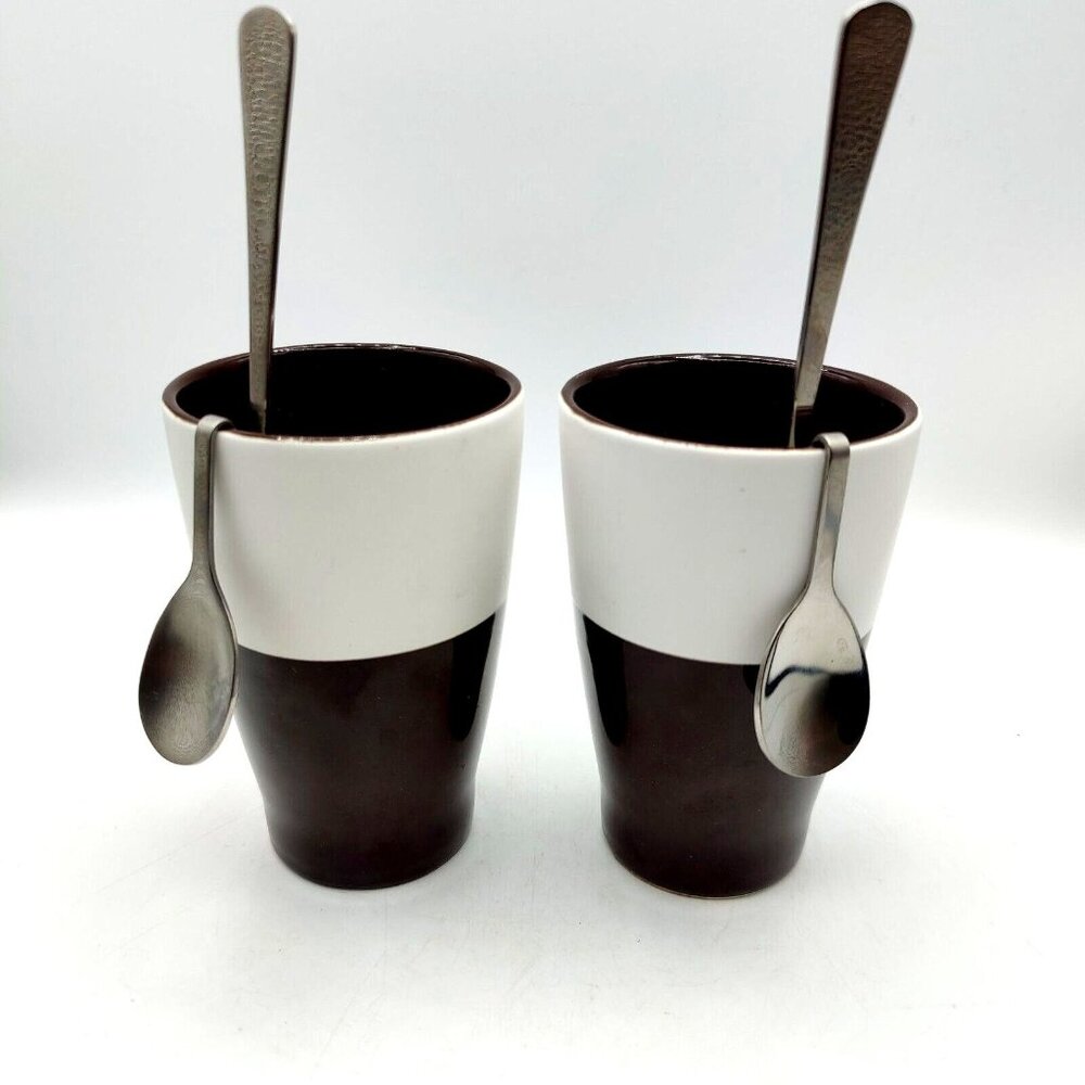 Two Tone Ceramic Coffee Mugs With Hanging Spoons 10 oz Cappuccino Latte Cups